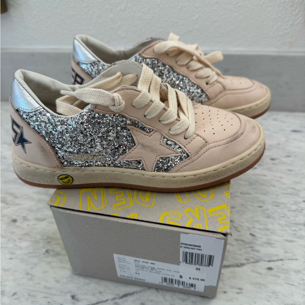 NWT Golden Goose … Silver/Blush Glitter Sneakers (size 34 approx size 3)